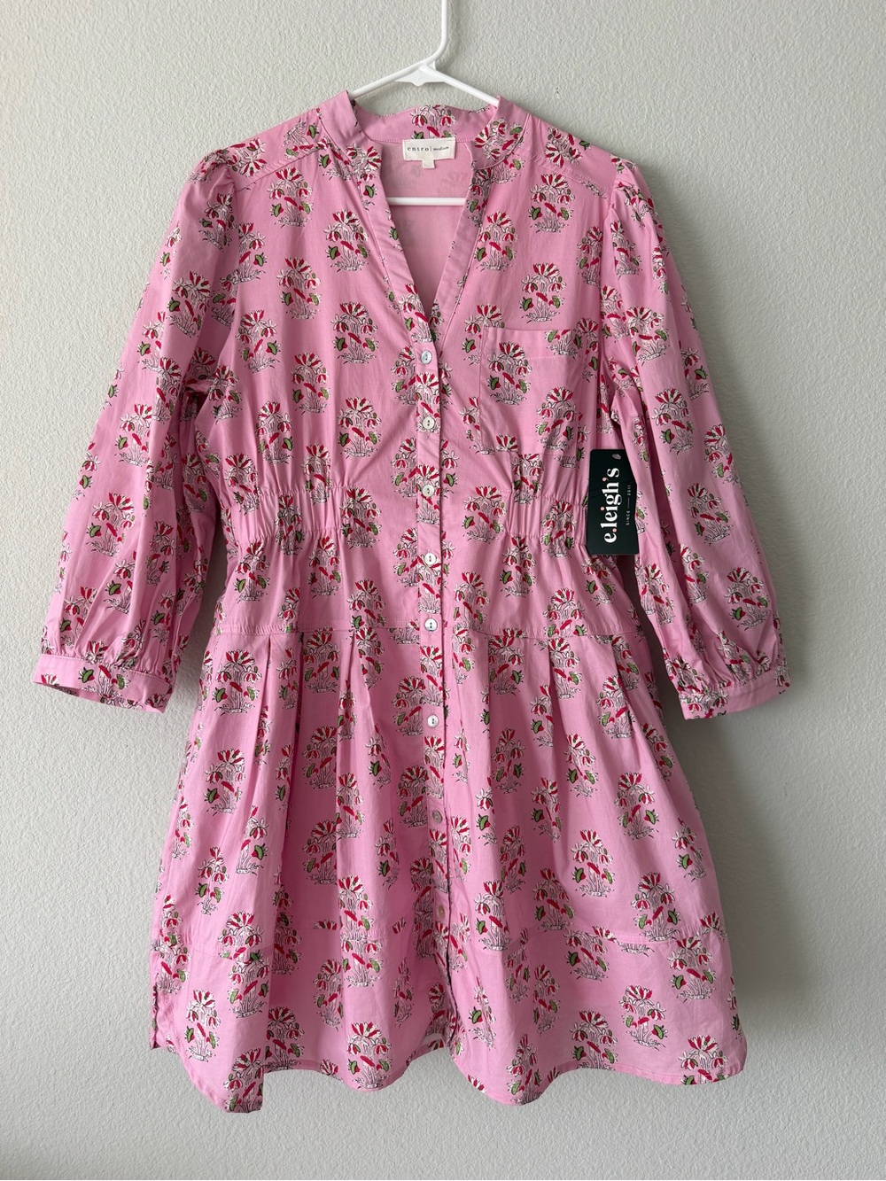 Entro Pink Floral Block Print Shirt Dress Medium NWT Puff Sleeve Pockets